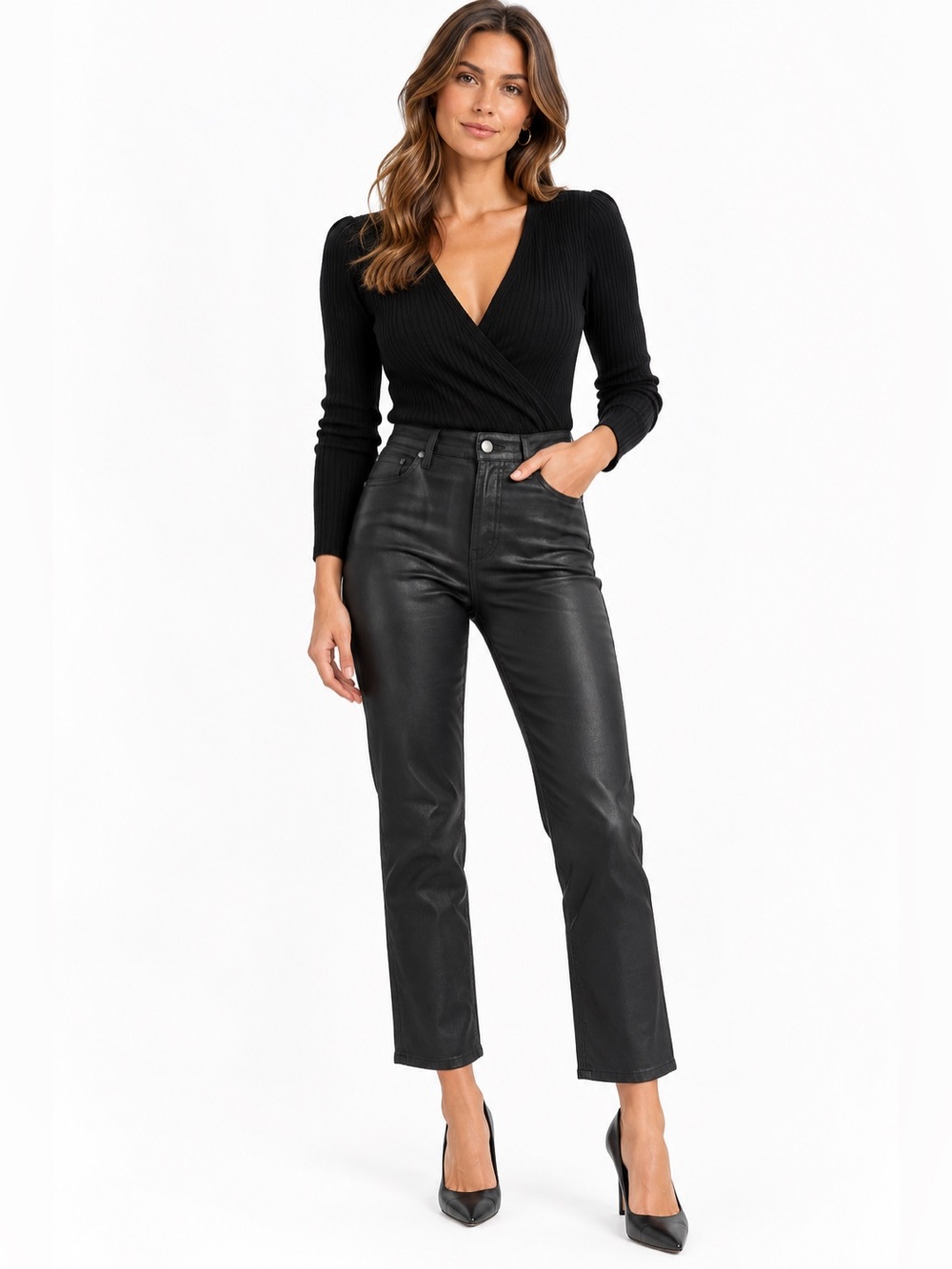 L’Agence Ginny High Rise Straight Coated Pants Black Size 24